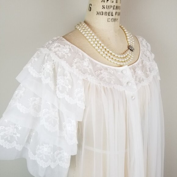 Vintage 1950's Feminine White with Lace Trim Peignoir Robe Nightie Ladies Sz Med - Picture 8 of 12